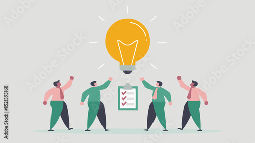Team celebrating a new idea with a light bulb and a checklist for project success and innovation
