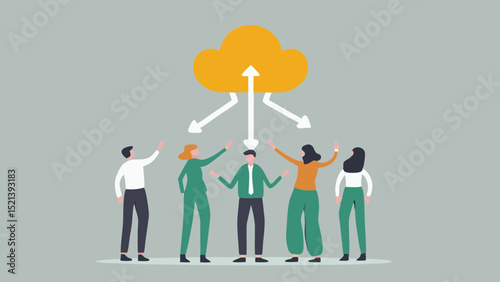 People connected to a cloud with arrows pointing down showing data distribution concept illustration