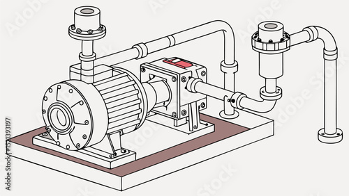 Isometric drawing of an industrial pump with pipes and fittings on a base, showing mechanical equipment details