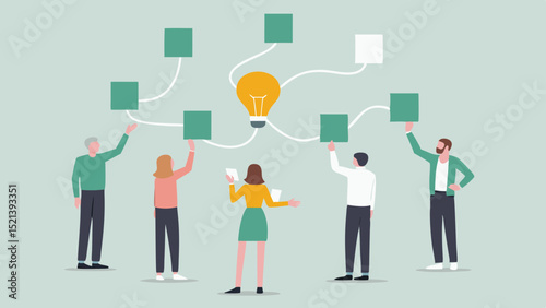 Team collaboration with idea lightbulb and connected square elements in a network concept design