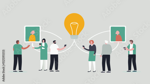 Group of people sharing ideas and connecting through technology with a central light bulb idea