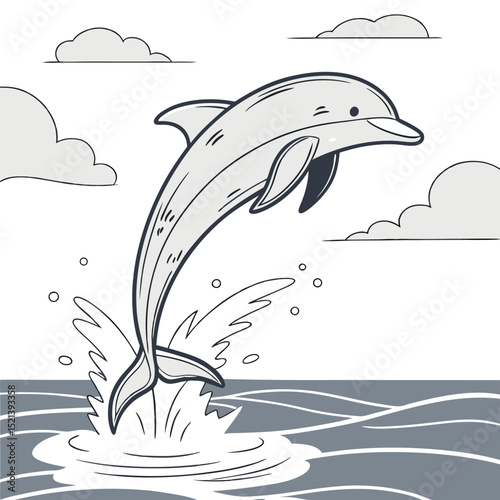 Cartoon dolphin jumping in the sea with water splashes and cloudy sky illustration