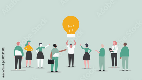 Group of people standing around a large lightbulb representing a bright idea or innovation concept