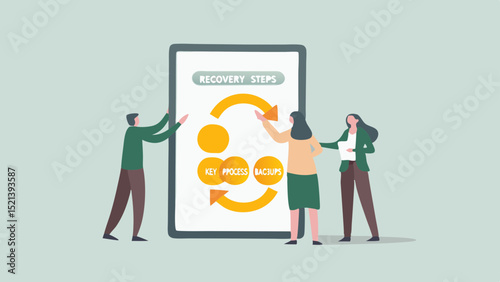 Team discussing recovery steps diagram with arrows and process key backups on a large screen