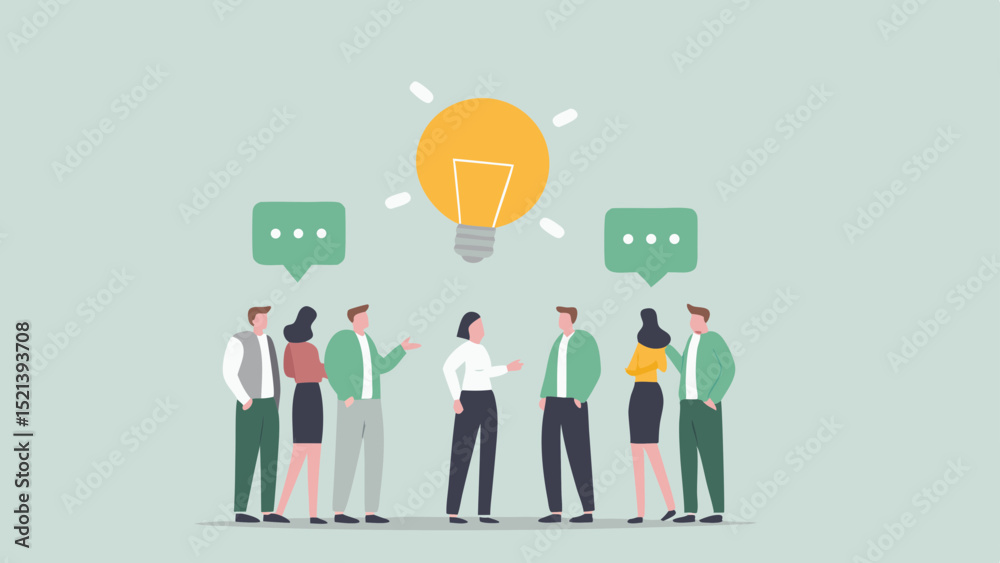 Group of people brainstorming with a lightbulb and speech bubbles above them in a meeting setting Group of people brainstorming with a lightbulb and speech bubbles above them in a meeting setting
