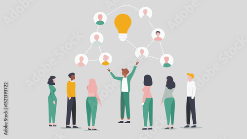 Group of people looking at a lightbulb connected to network of avatars above them in a presentation