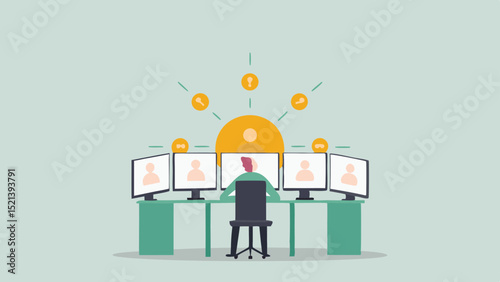 Person working at desk with multiple monitors showing faces in a light blue background design view