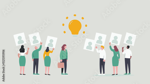 Group of people holding up profile photos with a lightbulb symbolizing a bright idea above them all