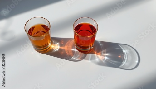 water glasses with distinct shadows on plain surface