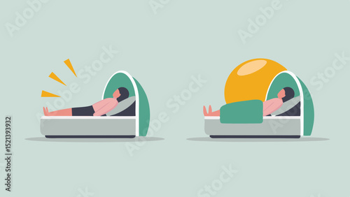Illustration showing two people in futuristic beds with green canopies and a yellow light source