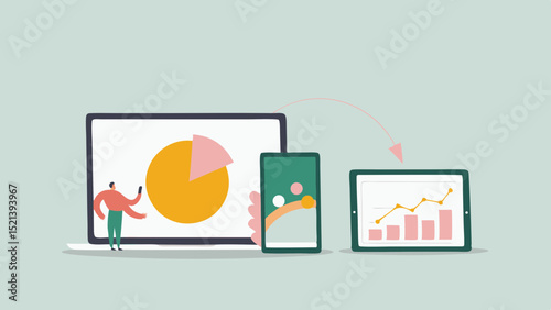 Person analyzing data on a laptop, smartphone, and tablet with charts and graphs displayed clearly on screen