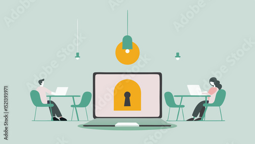 People working on laptops with a large laptop displaying a padlock in a secure online environment