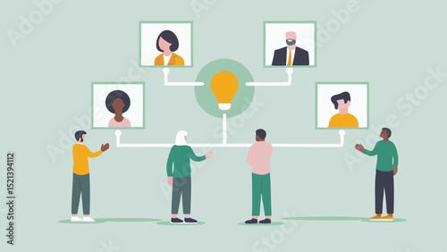 Illustration of people connected to a central idea with virtual connections and discussion happening