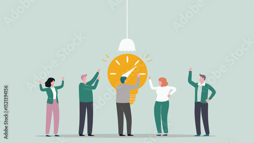 Team collaborating on a large lightbulb idea with people reaching and celebrating together in a group setting