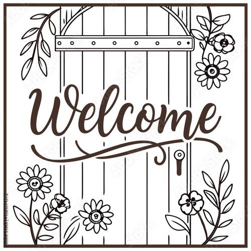 Decorative wooden door with welcome sign floral elements perfect for home decor and greetings