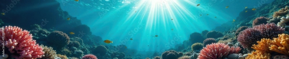 Fototapeta premium Sun's rays illuminate diverse coral reef, underwater scene, underwater, reef, ocean