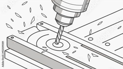 Illustration of a milling machine drilling into a workpiece with metal shavings flying around in the air