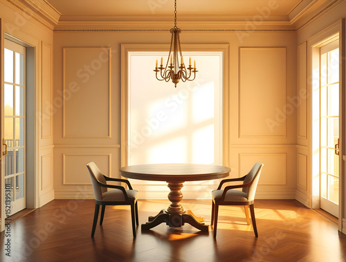 Elegant room interior design, interior design with wooden chairs and a small table, minimal interior design.