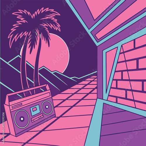 Retro wave scene with palm tree, boombox, mountains, sun, and geometric building in pink and purple colors