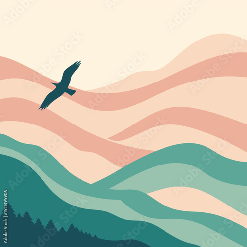 Silhouette of a bird flying over layered hills with trees in the foreground and pastel sky above