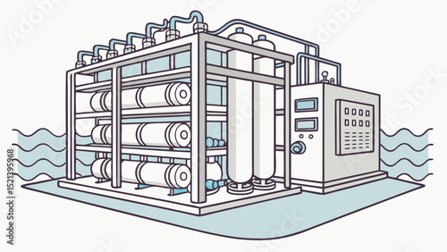 Illustration of a water purification system with tanks and control panel on a floating platform near water