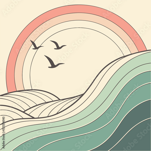 Stylized landscape with waves, birds, and a pastel rainbow in a retro aesthetic illustration