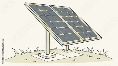 Illustration of a solar panel array with multiple photovoltaic cells on a grassy surface and support posts