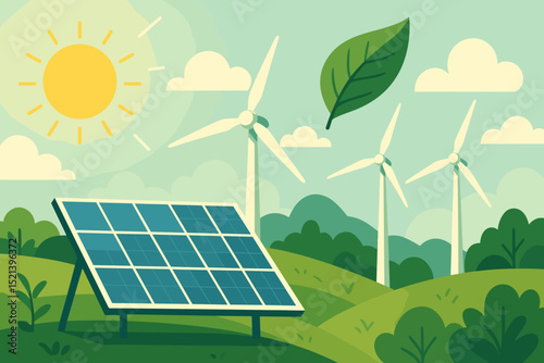 Flat Handdrawn Solar Panel Wind Turbine Landscape Illustration