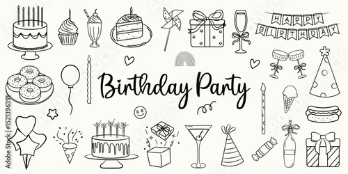 Hand drawn birthday party doodles. Cake, cupcake, milkshake, gifts, party hat, balloons, candles, drinks, confetti, ice cream, and sweets. Vector flat doodle design for birthday card invitation.