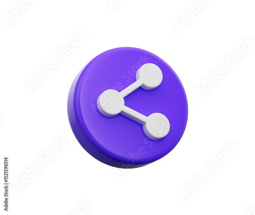 3D Purple circular icon with a white share symbol, representing content sharing. 3D Illustration.