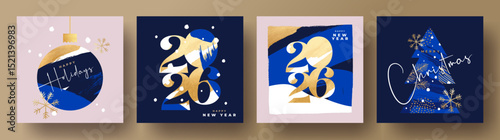 Merry Christmas and Happy New Year's Eve 2026 set of greeting card, poster, web banner, holiday cover. Xmas design template in trendy art style with doodles for ads, sales, print and season greetings