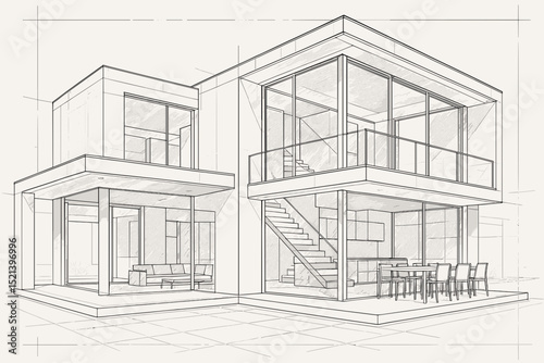 Modern House Architectural Blueprint Contemporary Design, Two-Story Home