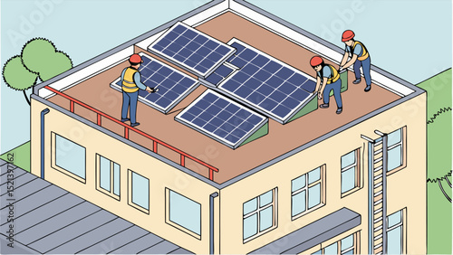 Illustration of workers installing solar panels on a building rooftop with a ladder and safety railing