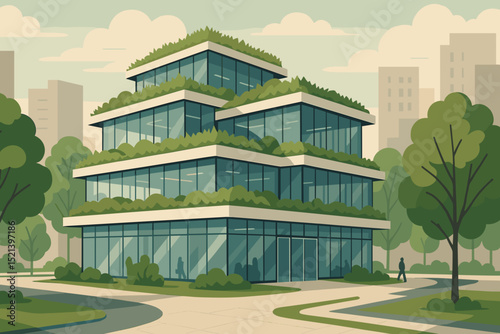 Cartoon Minimalist Sustainable Office Building with Green Roof Architecture Illustration
