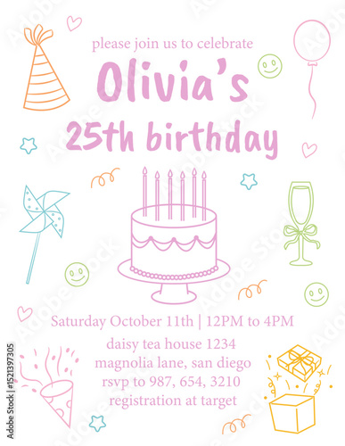 Set of hand drawn birthday party invitation illustration