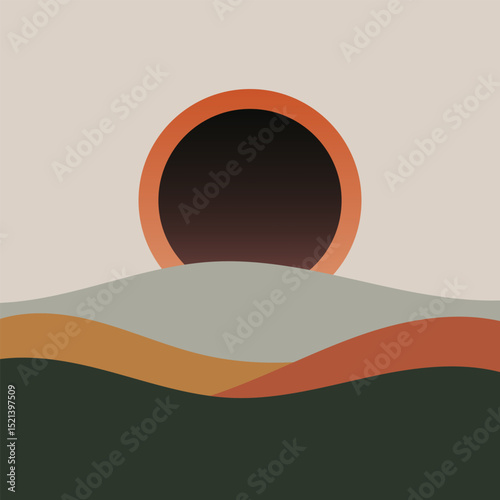 Minimal Landscape . Stylized minimal mountain landscape with layered hills and black sun in warm earthy tones.
