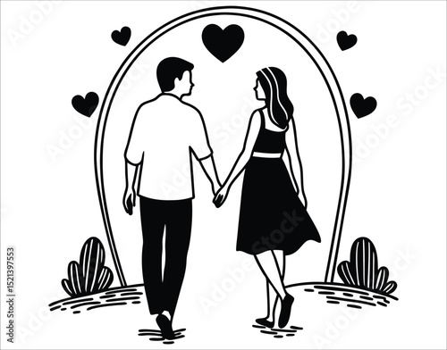One Line Art of Romantic Couple Walking Side by Side