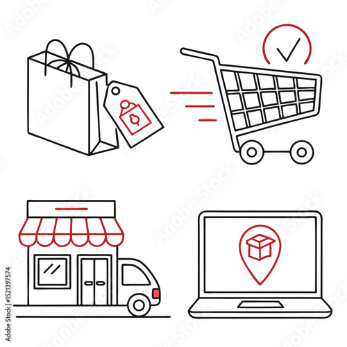 Illustration showing online shopping elements including a bag cart store and laptop icon design