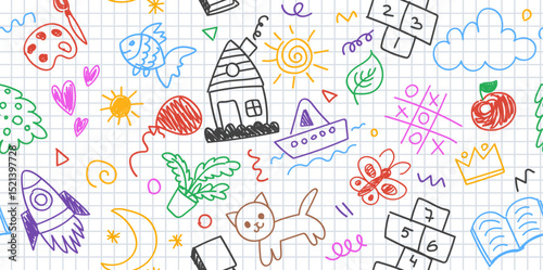 Cute crayon kids seamless pattern. Hand drawn doodle children drawings. Cute kids background for your design, diploma, certificate. Vector cartoon elements on paper bg