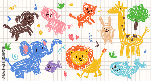 Cute crayon kids illustration. Hand drawn doodle children drawings. Cute kids background for your design, diploma, certificate. Vector cartoon elements on paper bg