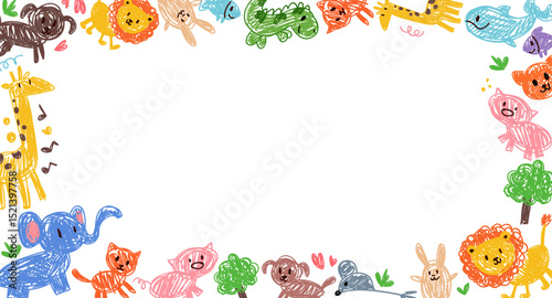 Colorful kindergarten crayon background with doodles drawn by colorful crayons. Childlike border frame with animals and childish drawings on paper. Vector illustration for certificate, diploma, poster