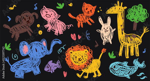 Kids doodle animal set, vector color pencil elephant, rabbit, lion, dog and giraffe illustration. Hand drawn cartoon scribble doodle drawings on black background