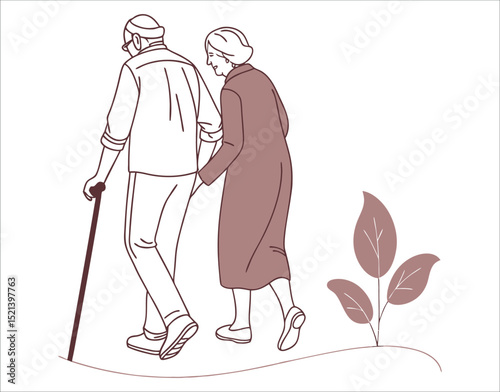 Senior Couple Walking Together – One Line Romantic Art