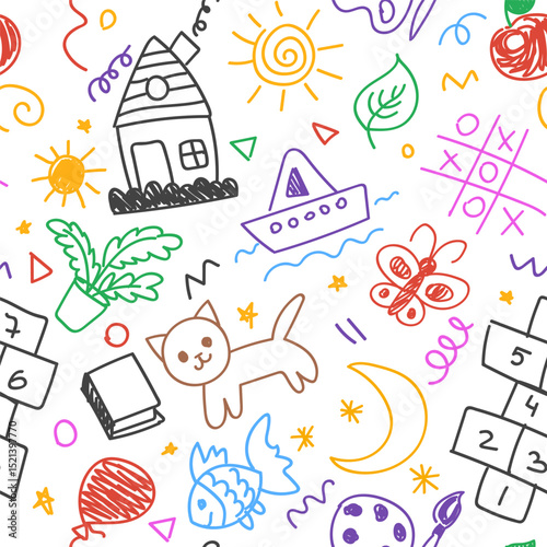 Cute kid crayon seamless pattern. Hand drawn doodle child elements, rainbow, animals, rocket. Vector chalk background. Kids doodle crayon pattern for wrapping paper, wallpaper, kindergarten design