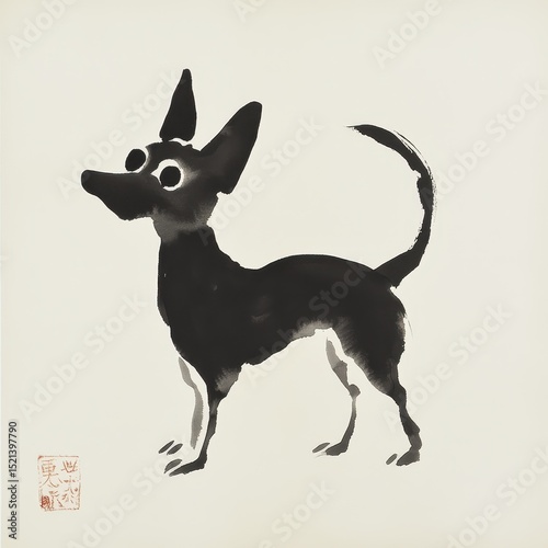 Minimalist sumi-e silhouette of alert dog in traditional style artwork