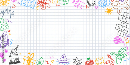 Colorful kindergarten crayon background with doodles drawn by colorful crayons. Childlike border frame with animals and childish drawings on paper. Vector illustration for certificate, diploma, poster