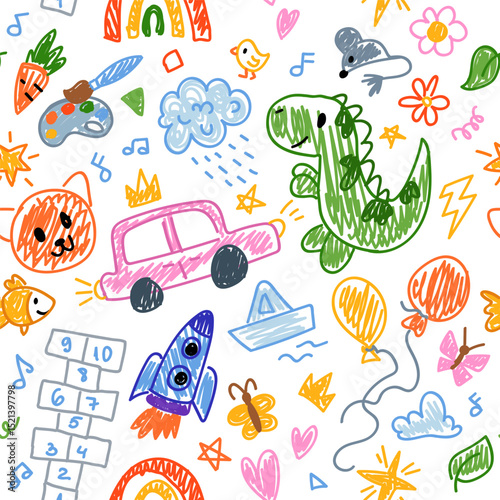 Cute kid crayon seamless pattern. Hand drawn doodle child elements, rainbow, animals, rocket. Vector chalk background. Kids doodle crayon pattern for wrapping paper, wallpaper, kindergarten design