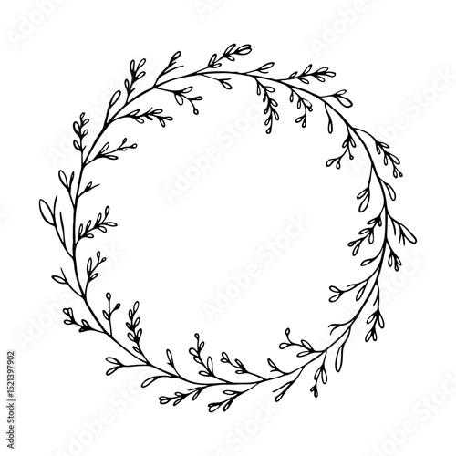 Elegant Leaf Wreath. A soft circular botanical wreath with tiny leaf accents, blending clean lines and natural elegance in minimalist black and white.