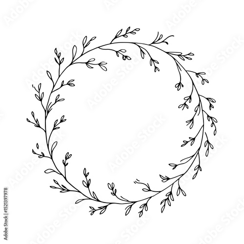 Floral Circle Wreath. Hand-drawn floral wreath made of delicate leaves and branches forming a perfect circular shape, ideal for wedding stationery or minimal designs.