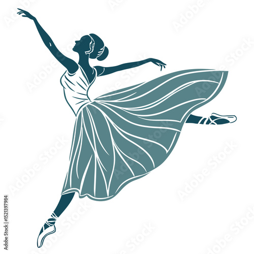 Graceful ballerina performing a ballet leap in silhouette against a clean white background